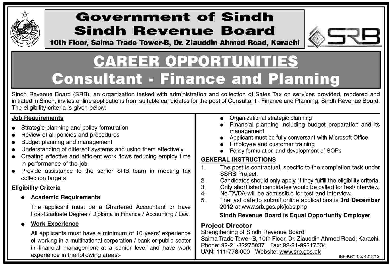 Sindh Revenue Board SRB Job for Consultant Finance & Planning