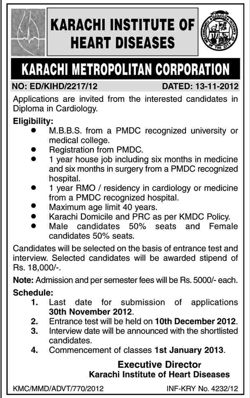 Karachi Institute of Heart Diseases Needs MBBS Candidates for Diploma in Cardiology