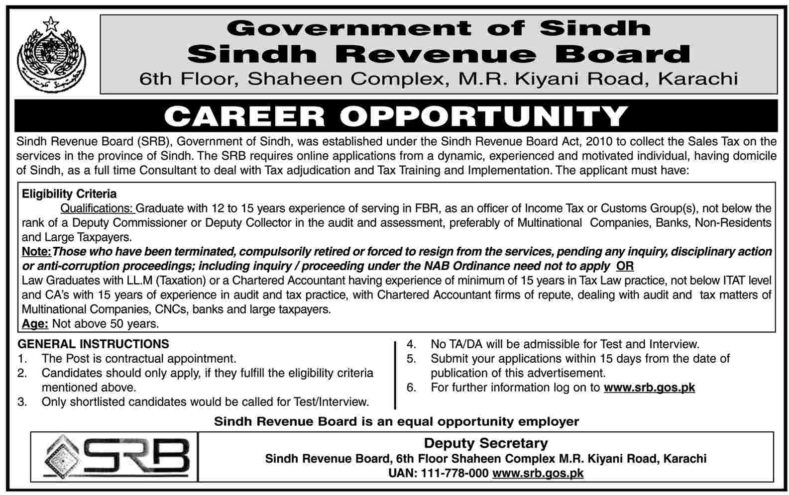 Sindh Revenue Board (SRB) Job for Full Time Taxation Consultant