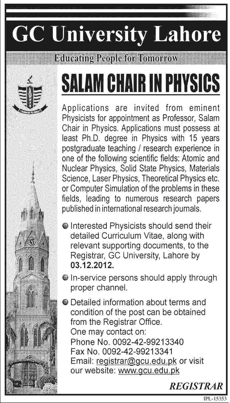 GC University Lahore Needs Physics Professor to Fill Salam Chair in Physics