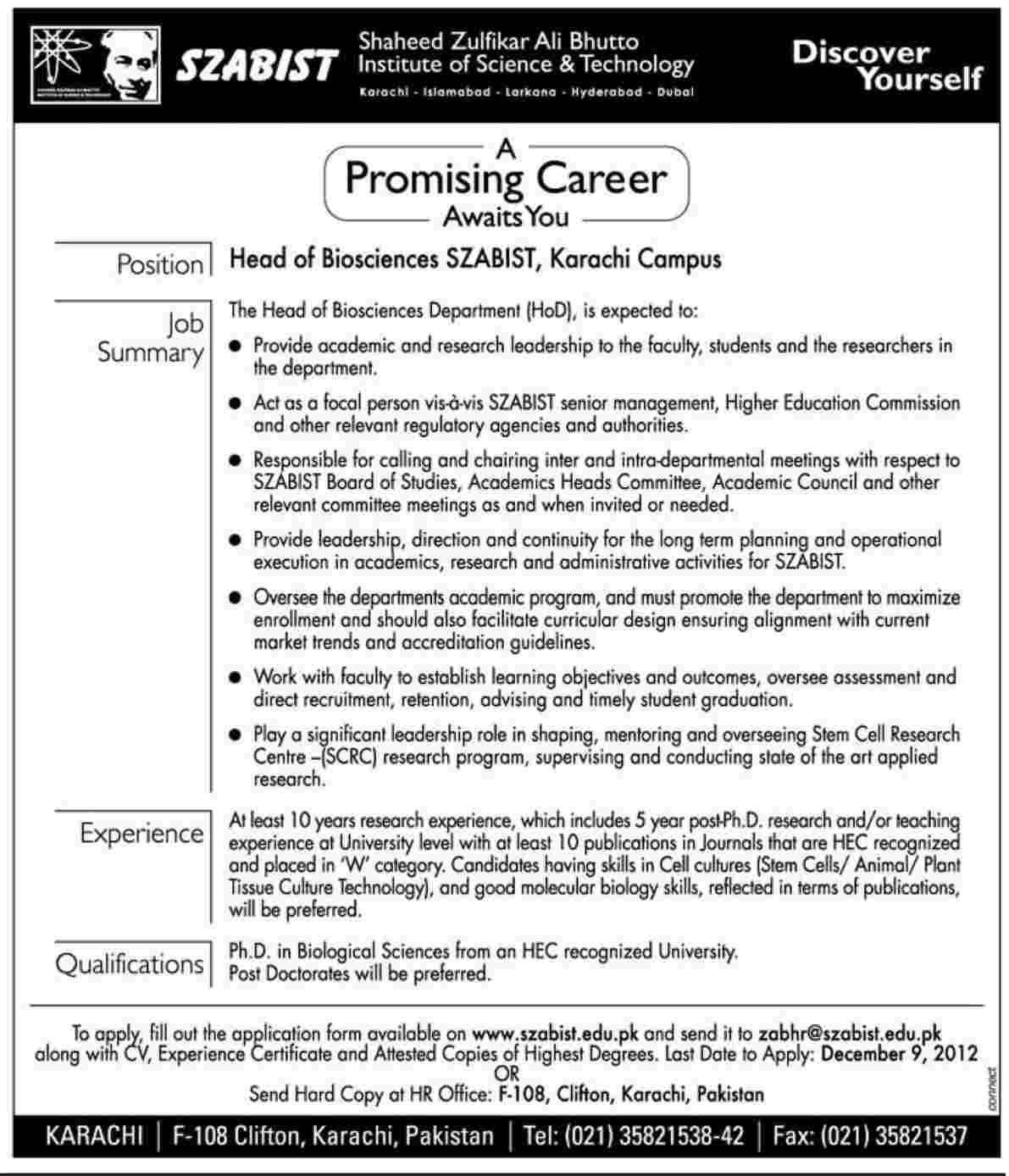 SZABIST Karachi Campus Job 2012 for Head of Biosciences