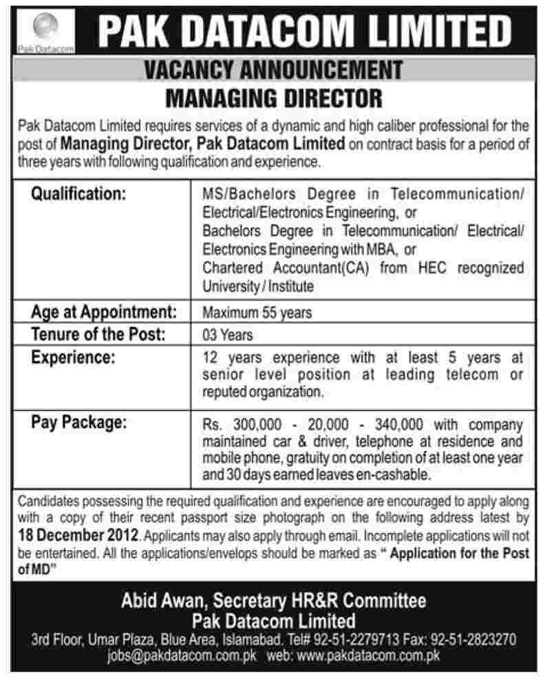 Pak Datacom Limited (A Data & Telecom Services Provider) Requires Managing Director (MD)