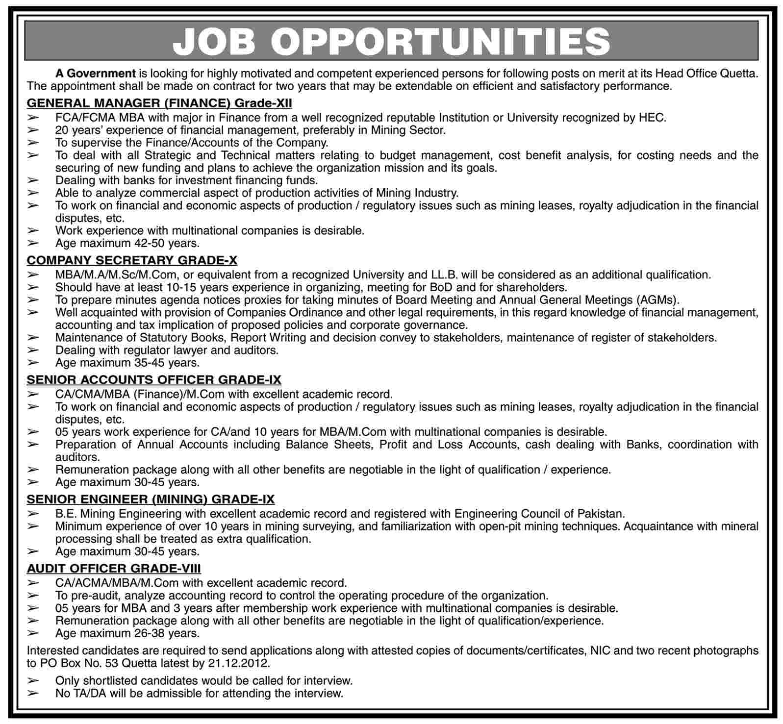 Jobs in Government Organization PO Box 53 Quetta