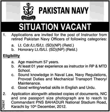 Pakistan Navy Jobs 2012 for Retired PN Officers as Instructors