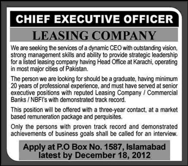 Chief Executive Officer (CEO) Required for a Leasing Company (PO Box 1587 Islamabad)