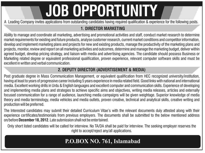 PO Box 761 Islamabad Jobs 2012 for Director Marketing & Deputy Director Advertisement & Media