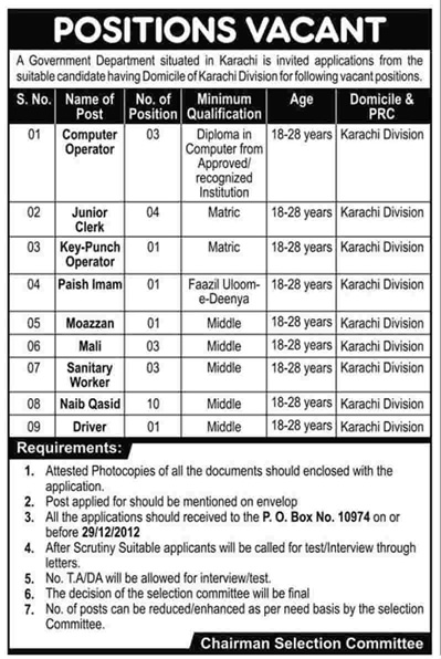 PO Box 10974 Karachi Jobs 2012 in a Government Department