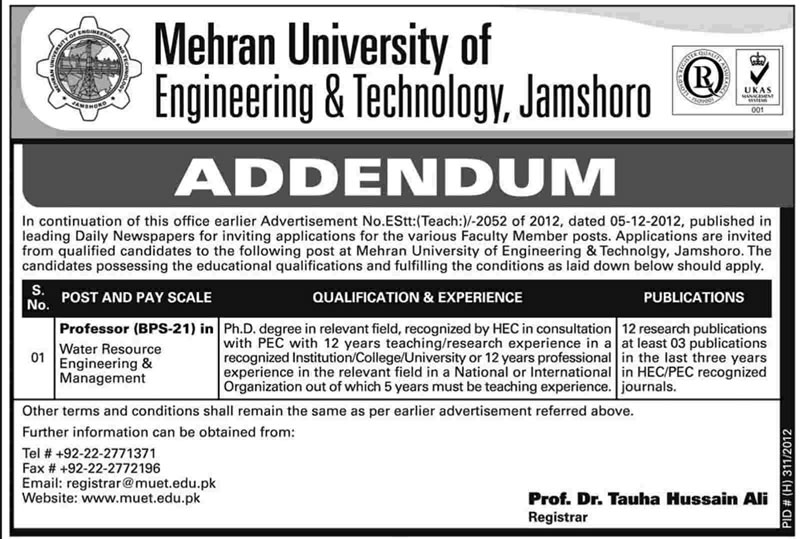 Addendum - Mehran University MUET Jamshoro Jobs 2012 for Faculty