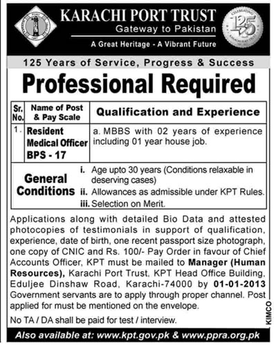 Karachi Port Trust Job 2012 for Resident Medical Officer