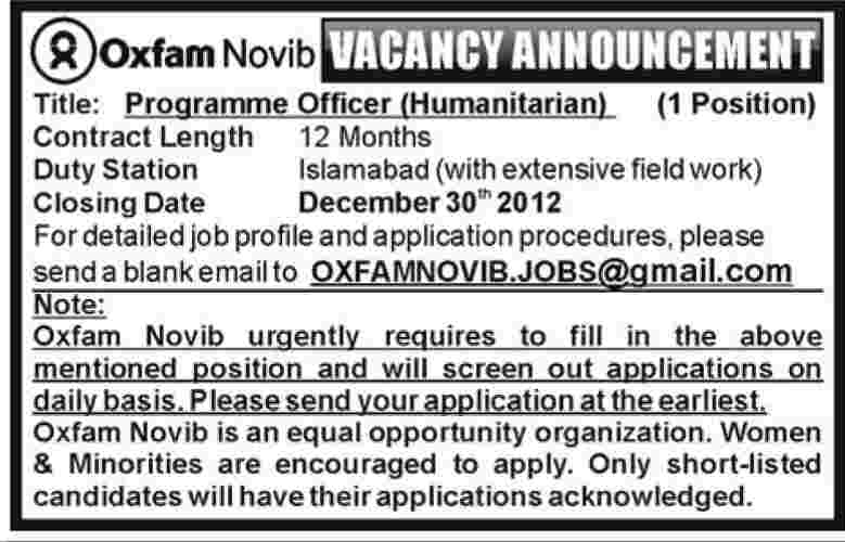 Oxfam Novib Pakistan Job 2012 Programme Officer Humanitarian (NGO / INGO)