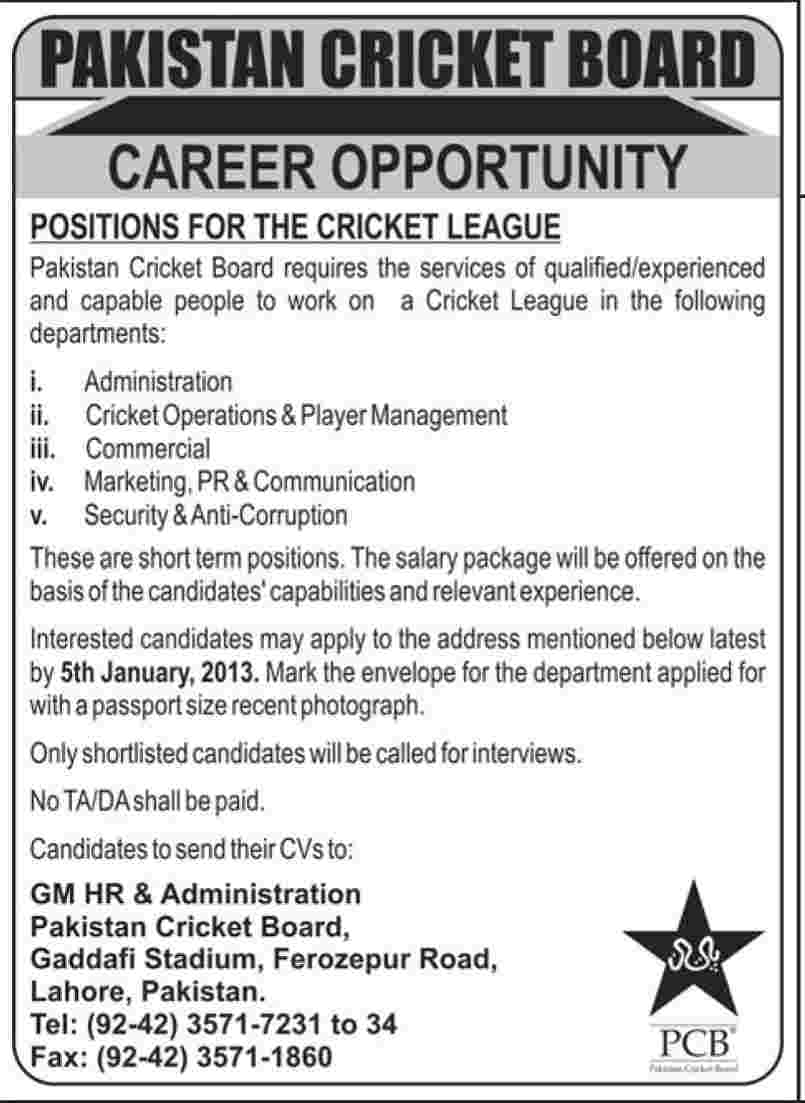 Pakistan Cricket Board Jobs 2012 for Cricket League