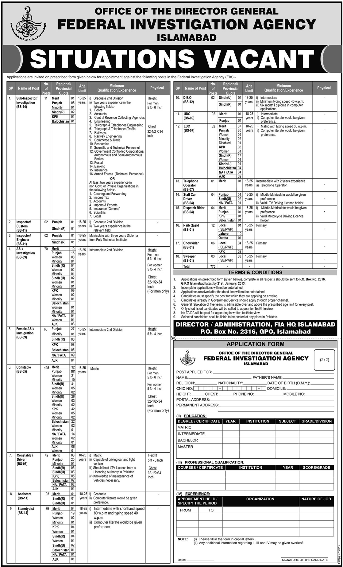 FIA Jobs 2012 in Pakistan Application Form