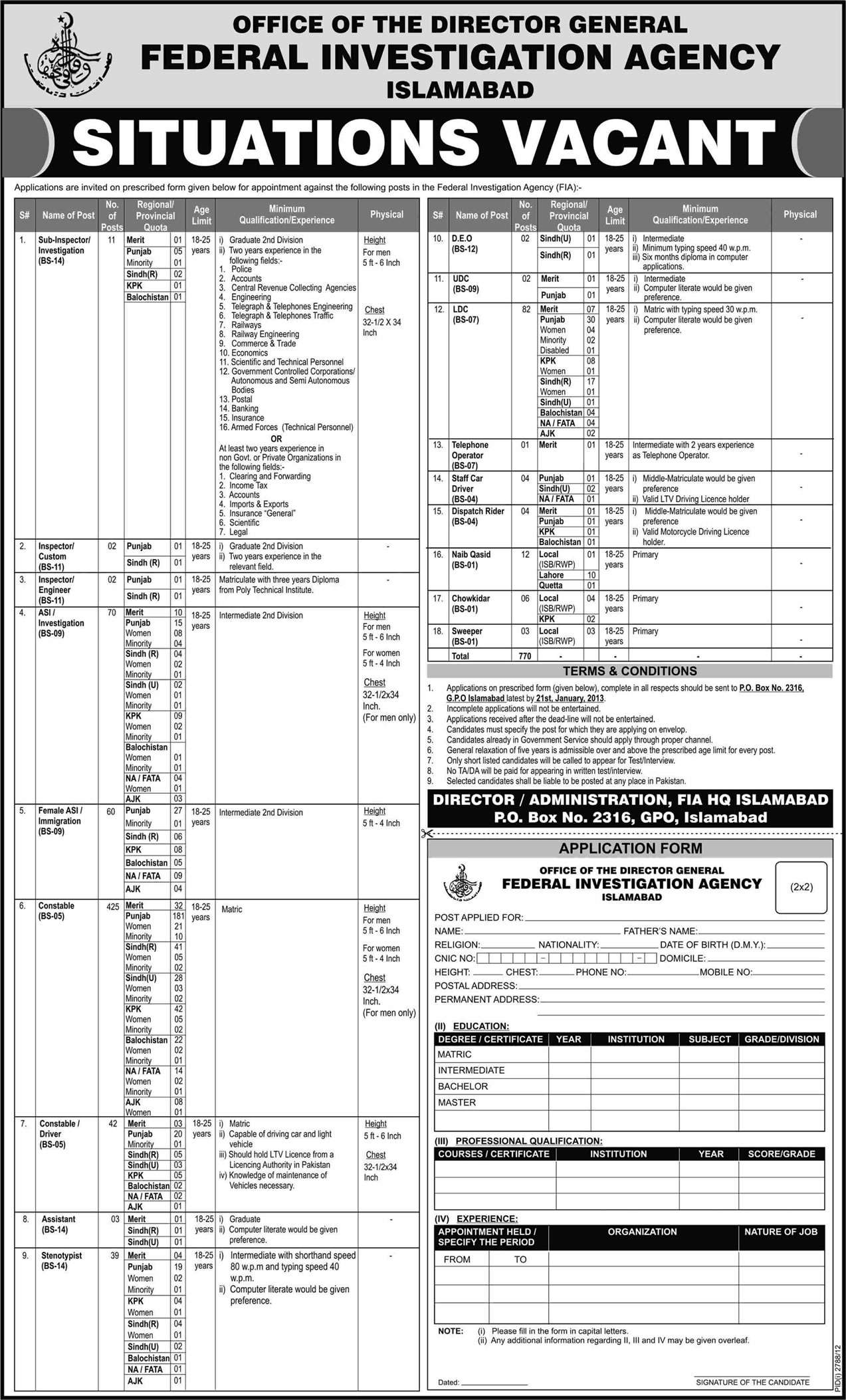 FIA Jobs 2013 in Pakistan Application Form & Advertisement