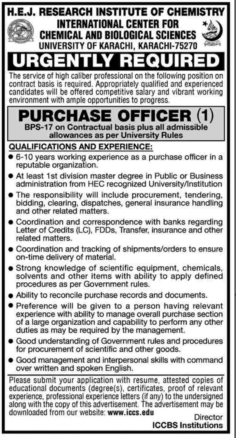 H.E.J. Research Institute of Chemistry ICCBS University of Karachi Requires Purchase Officer