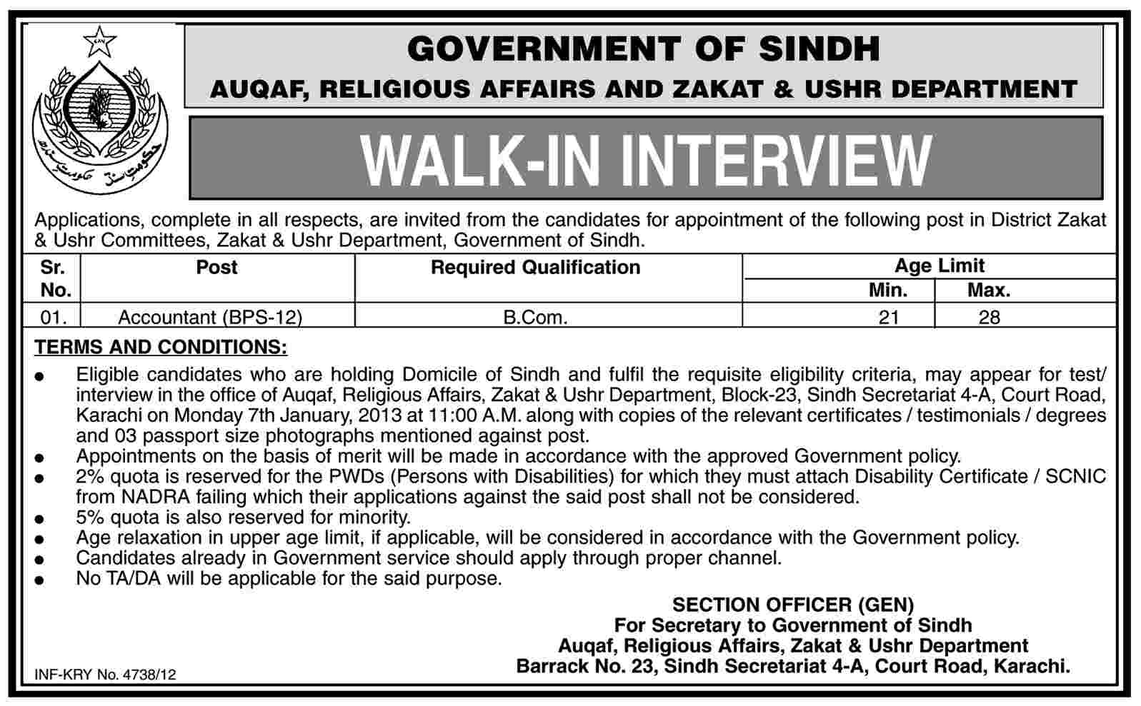 Auqaf, Zakat & Ushr Department Sindh Job 2012-2013 for Accountant