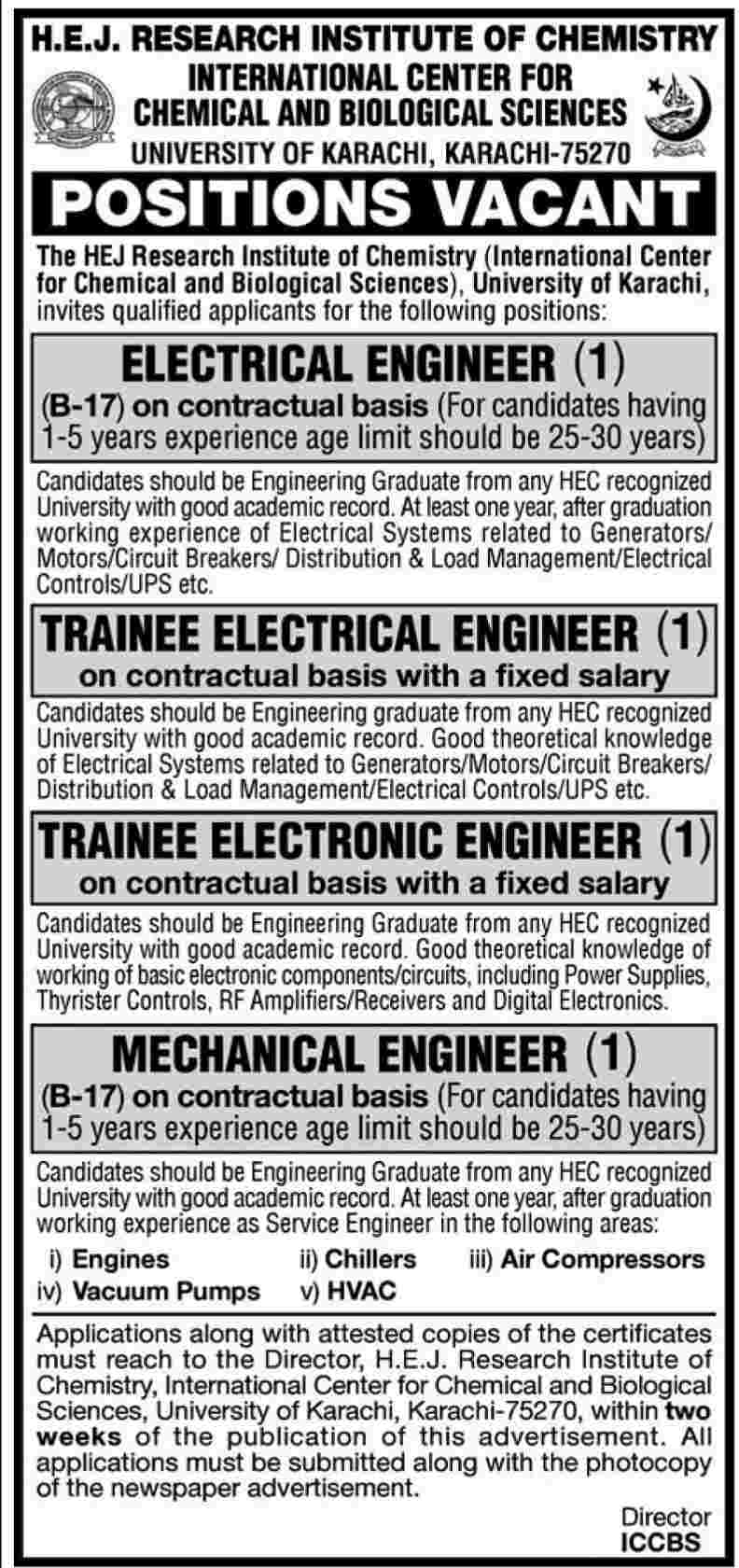 HEJ Research Institute of Chemistry, ICCBS, University of Karachi Jobs 2012-2013 Mechanical / Electrical Engineers