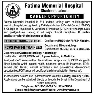 Fatima Memorial Hospital Lahore Requires Senior Registrar Medicine & FCPS Part-II Trainees