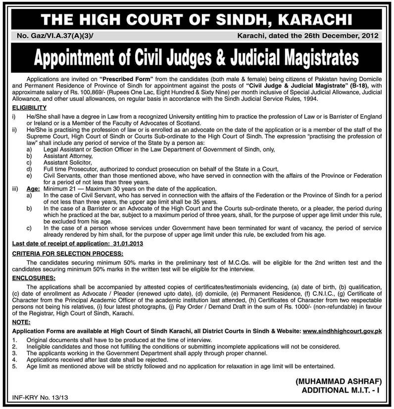 Civil Judge & Judicial Magistrate Jobs in Sindh High Court Karachi 2013 January