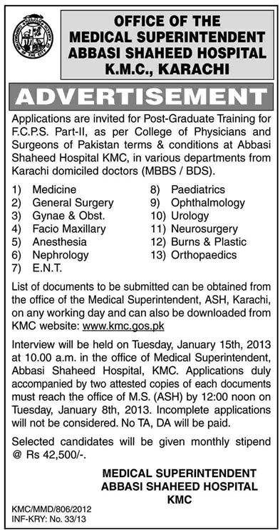 Abbasi Shaheed Hospital Karachi Postgraduate Training for FCPS Part-II