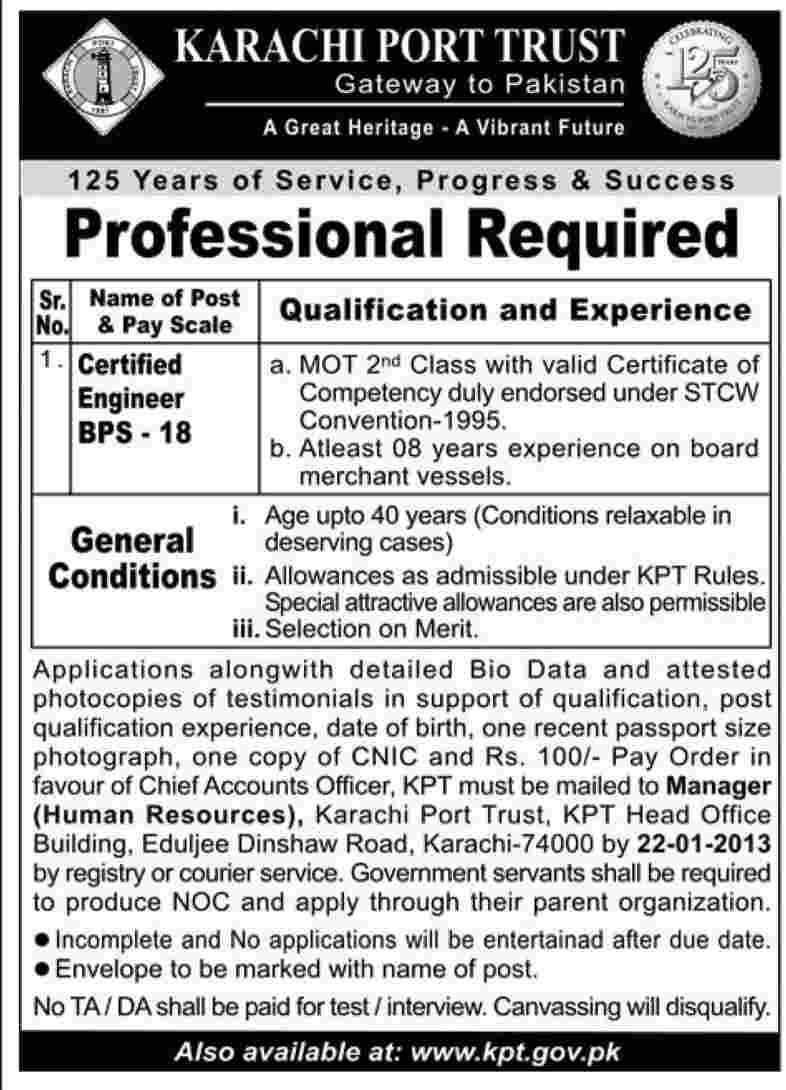 Karachi Port Trust Requires Certified Engineer MOT