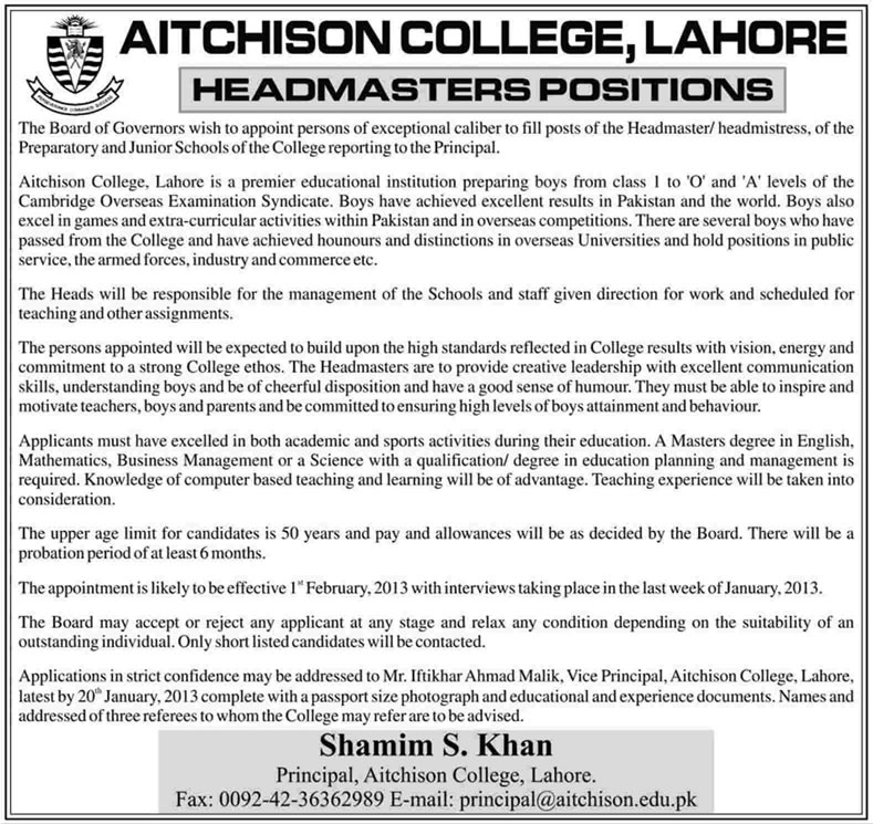 Aitchison College Lahore Jobs 2013 for Headmaster / Headmistress