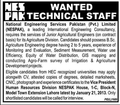 Junior Agricultural Engineers Vacancies at NESPAK