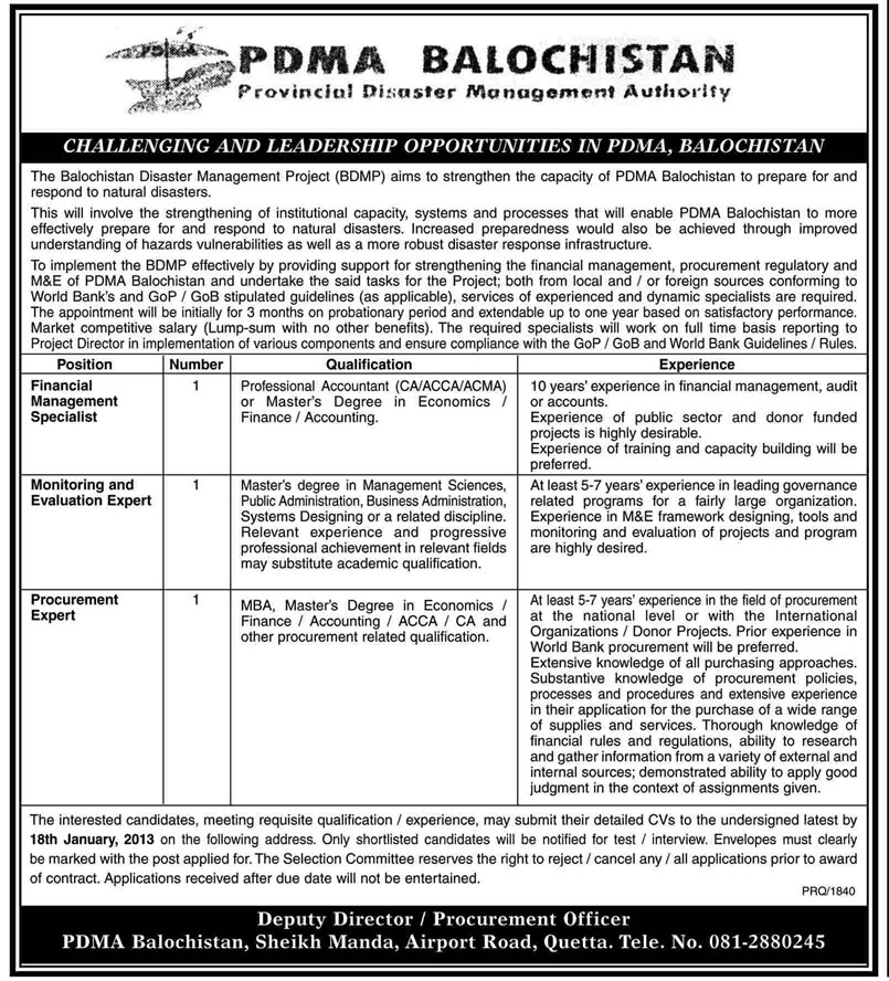 Provincial Disaster Management Authority Balochistan Jobs 2013