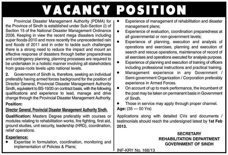 PDMA Sindh Requires Director General