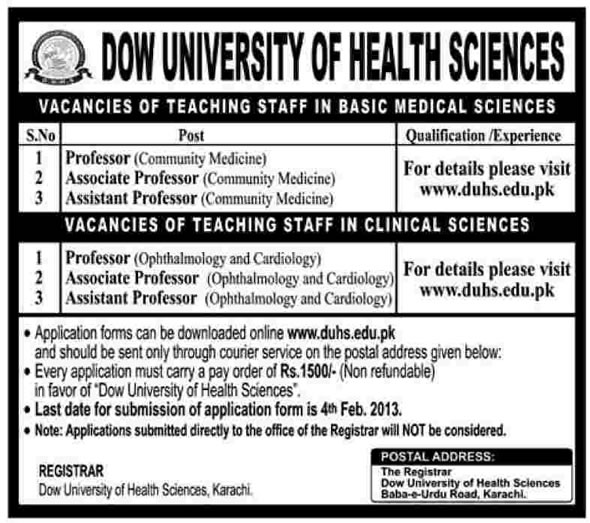 DUHS Jobs for Professors (Dow University of Health Sciences)