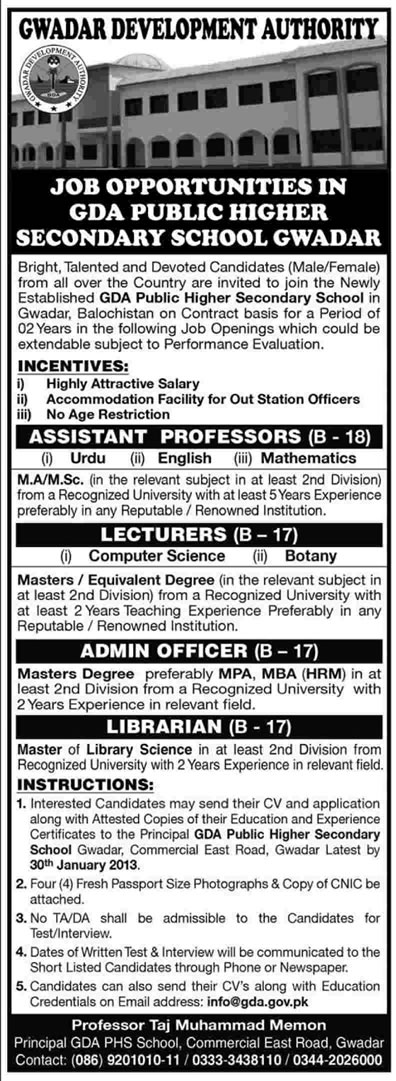 GDA Public Higher Secondary School Gwadar Jobs for Faculty, Admin Officer & Librarian