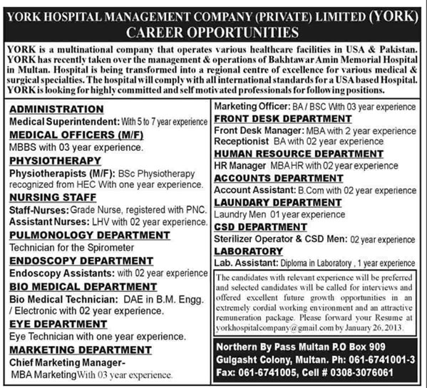 York Hospital Management Company Jobs 2013 in Multan for Medical Staff