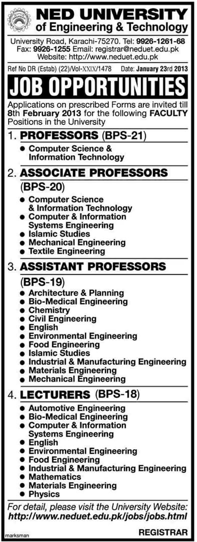 NED University of Engineering & Technology Jobs 2013 for Faculty