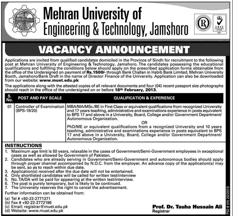 Controller of Examination Vacancy at Mehran University of Engineering & Technology (MUET) Jamshoro