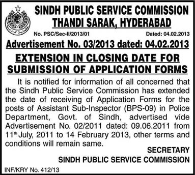 SPSC Assistant Sub Inspector Jobs 2013 (Advertised in 2011) - Corrigendum: Extension in Application Submission Date