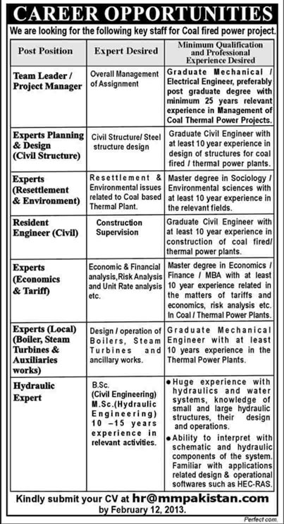 MM Pakistan Jobs for Project Manager, Engineers & Experts for Coal Fired Power Project