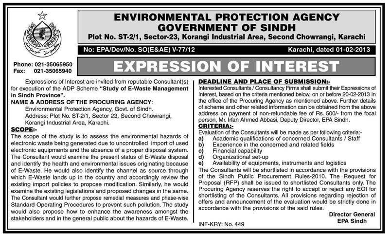Environmental Protection Agency, Sindh Needs Consultant for Study of E-Waste Management in Sindh Province