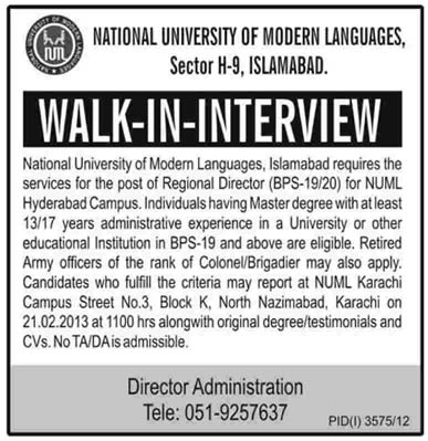Job in NUML for Regional Director at Hyderabad Campus