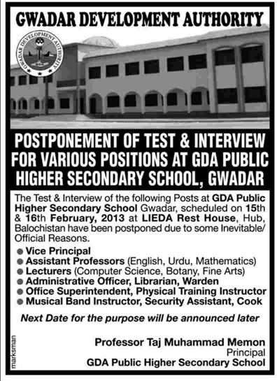 Postponement of Test & Interview of GDA Public Higher Secondary School Gwadar Jobs 2013