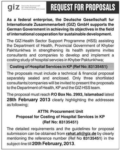 GIZ Health Sector Support (HSS) Programme Pakistan Job 2013 for Consultant