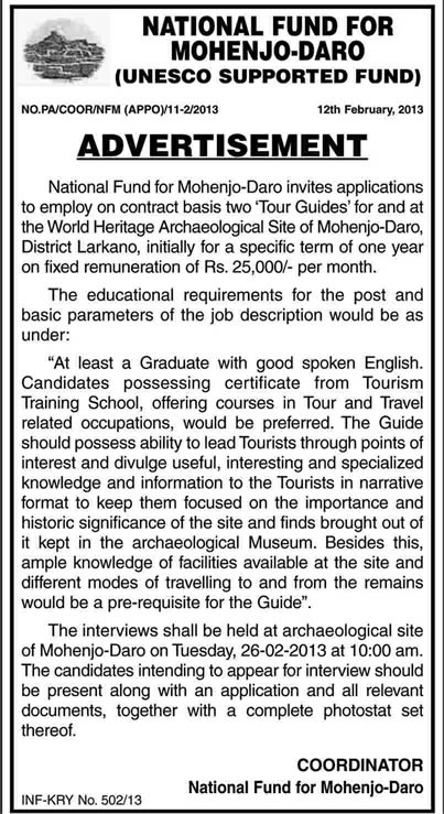 National Fund for Mohenjo-Daro Jobs for Tour Guides 2013