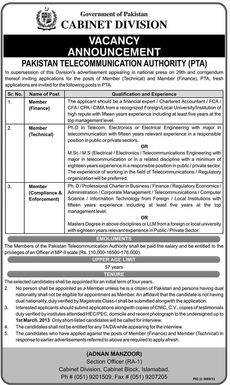 Pakistan Telecommunication Authority Member Jobs 2013