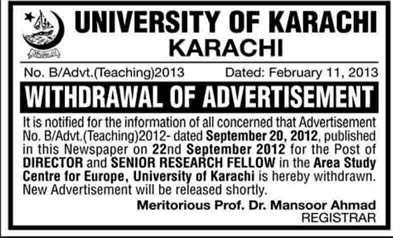 University of Karachi Has Withdrawn Advertisement for Vacancies of Senior Research Fellow & Director