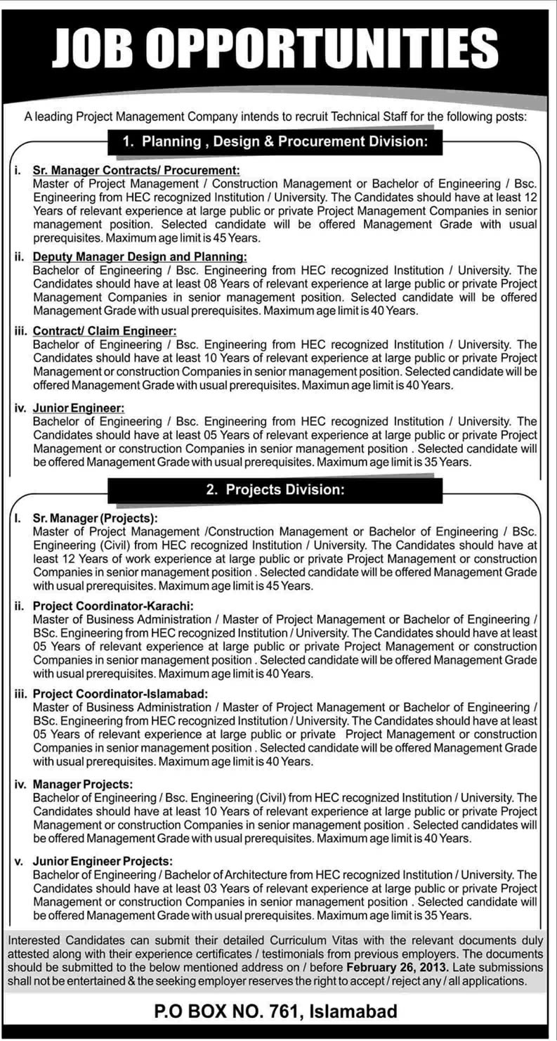 PO Box 761 Islamabad Jobs 2013 Managers & Engineers (Planning / Design / Contract / Procurement / Claim / Project)