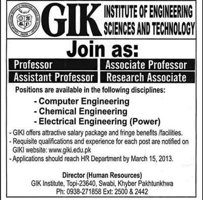 GIK Institute of Engineering Sciences & Technology Jobs 2013 for Faculty (Assistant / Associate / Professors & Research Associate)