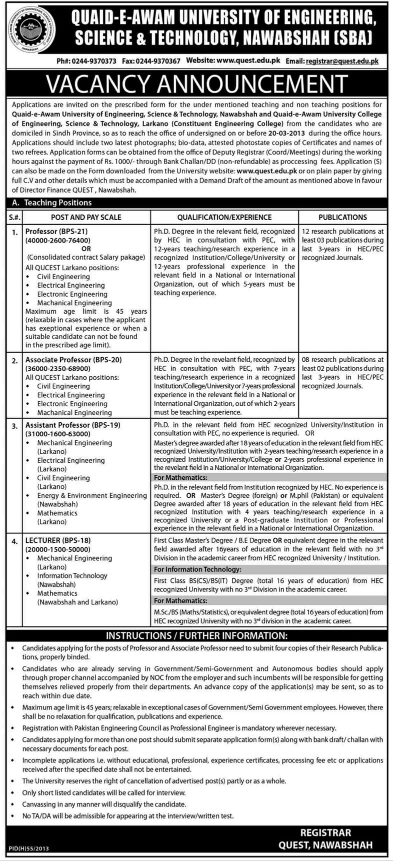 Quaid-e-Awam University Nawabshah Jobs 2013 QUEST Associate/Assistant/Professors & Lecturers in Faculty