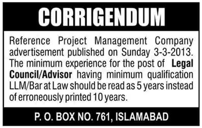 Corrigendum: PO Box 761 Islamabad Job for Legal Advisor