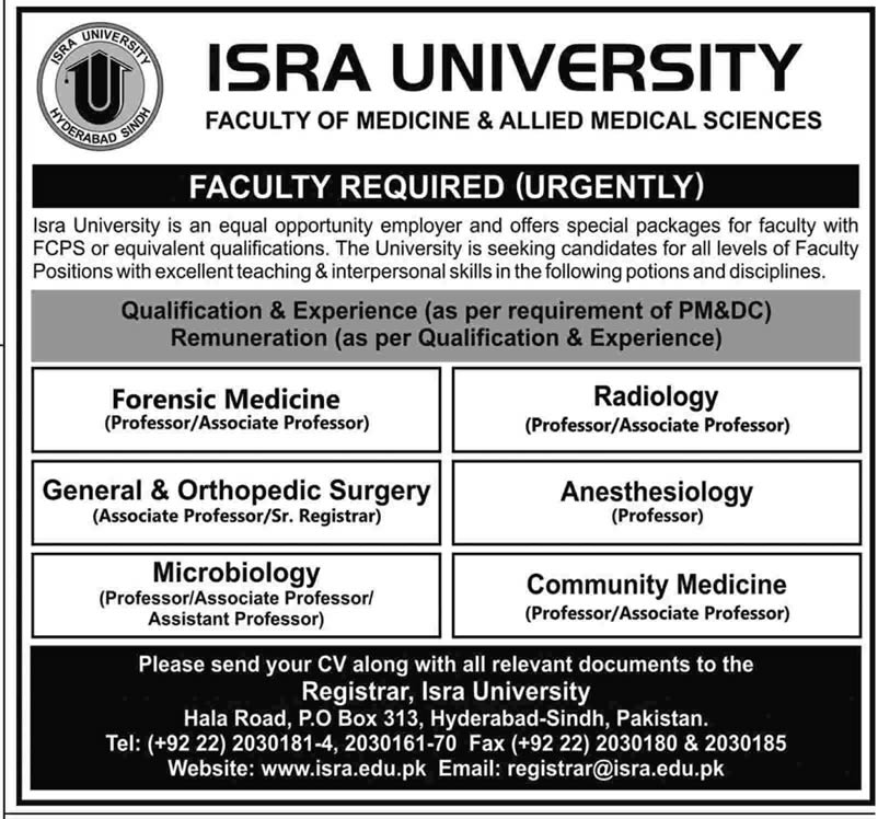 ISRA University Jobs 2013 Faculty of Medicine & Allied Medical Sciences