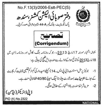 Corrigendum: Election Commission Sindh Jobs 2013 Junior Personal Assistant (Stenotypist)
