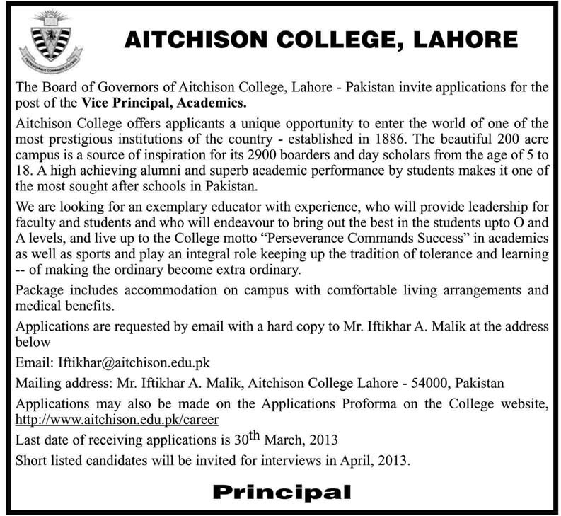 Aitchison College Lahore Job 2013 for Vice Principal Academics