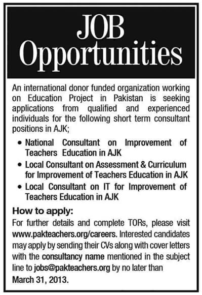 USAID Teacher Education Project Jobs 2013 for Consultants